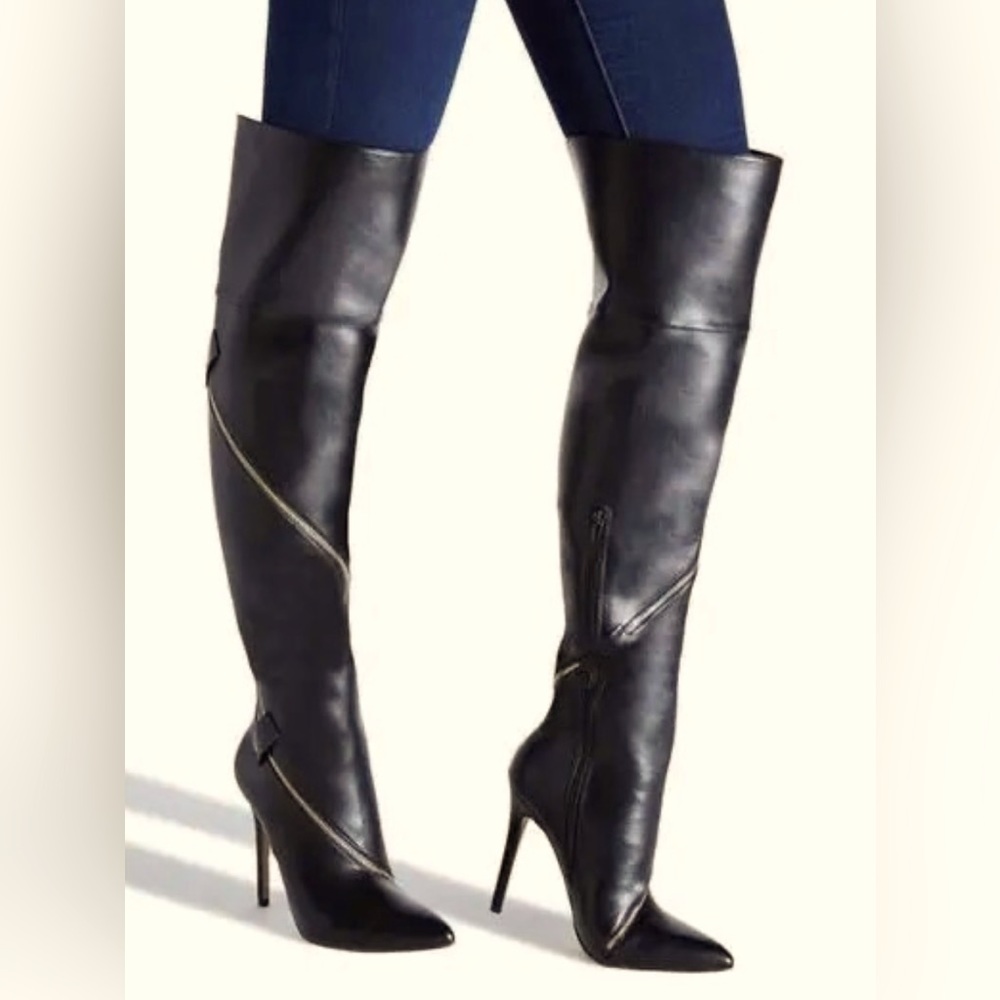 Over the knee black stiletto boots with zipper accent